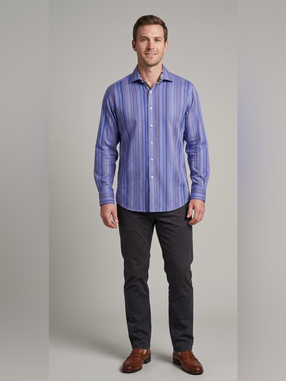 TaylorByrd Men L Long Sleeve Button Down Shirt Blue Purple Multi Color Stripe